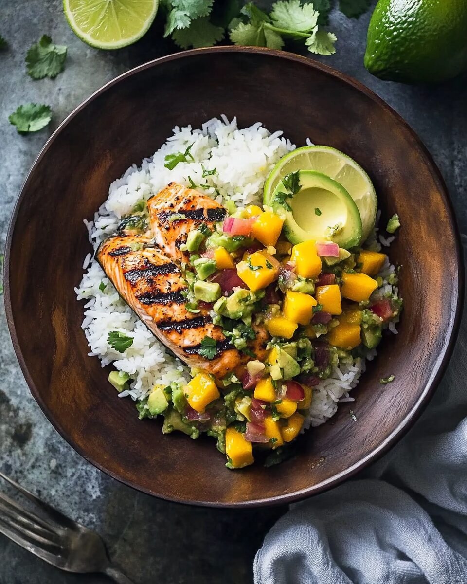 Grilled Lime Salmon with Avocado-Mango Salsa and Coconut Rice