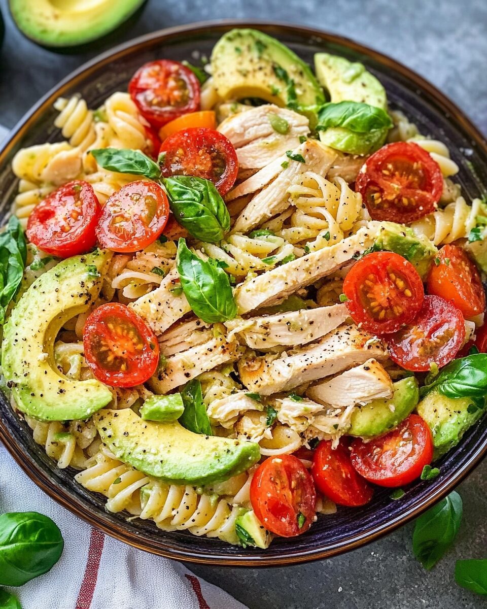 Healthy Chicken Pasta Salad with Avocado, Tomato, and Basil