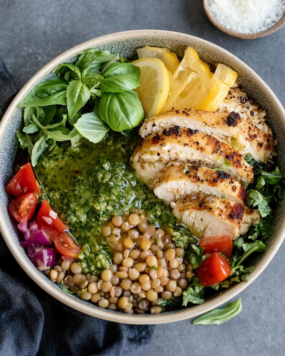 Farro, Lentil & Lemon Pepper Chicken Nourishing Bowls with a Fresh Basil Vinaigrette