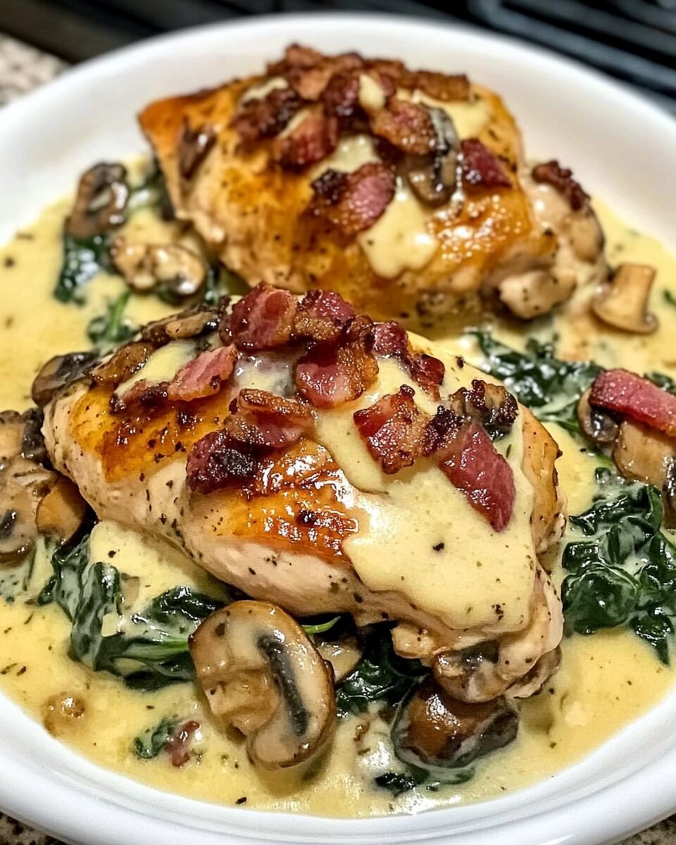 Smothered Chicken with Creamed Spinach Bacon And Mushrooms
