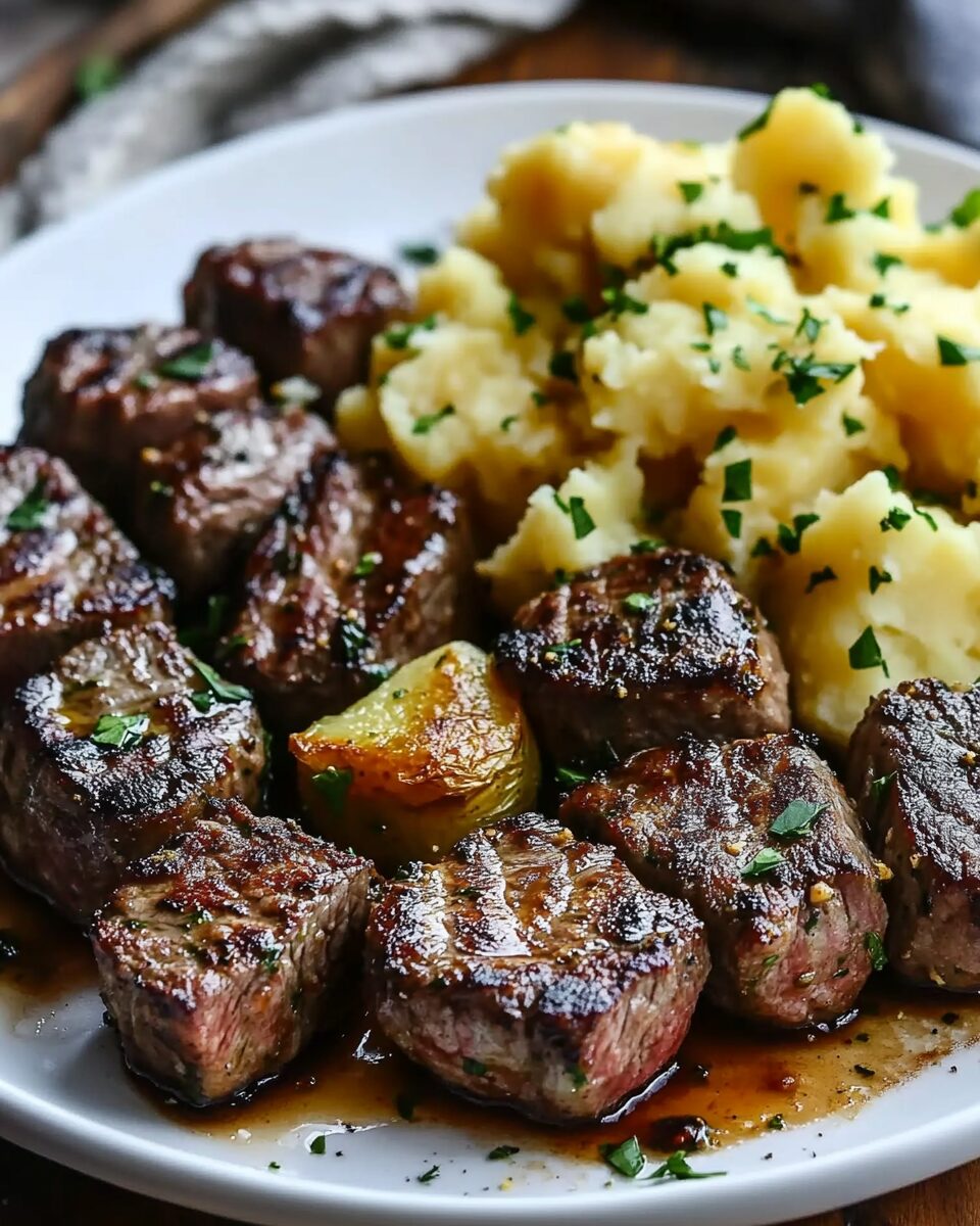 Garlic Butter Steak Bites and Cheesy Smashed Potatoes