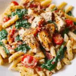 Chicken and Bacon Pasta with Spinach and Tomatoes in Garlic Cream Sauce