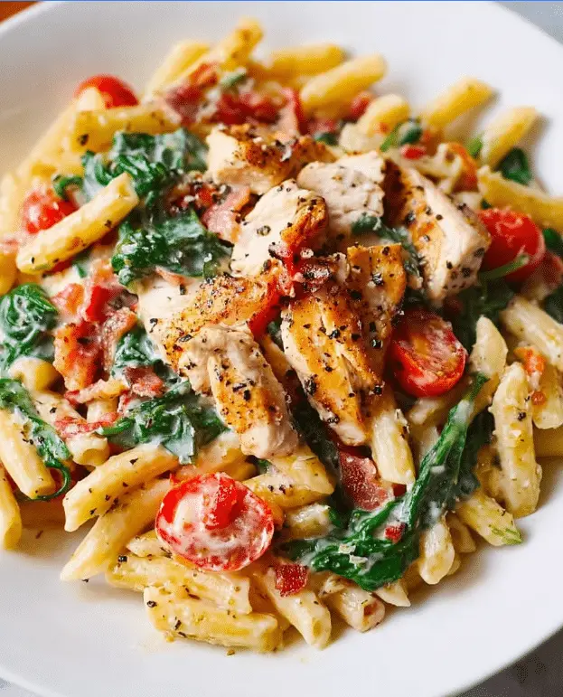 Chicken and Bacon Pasta with Spinach and Tomatoes in Garlic Cream Sauce