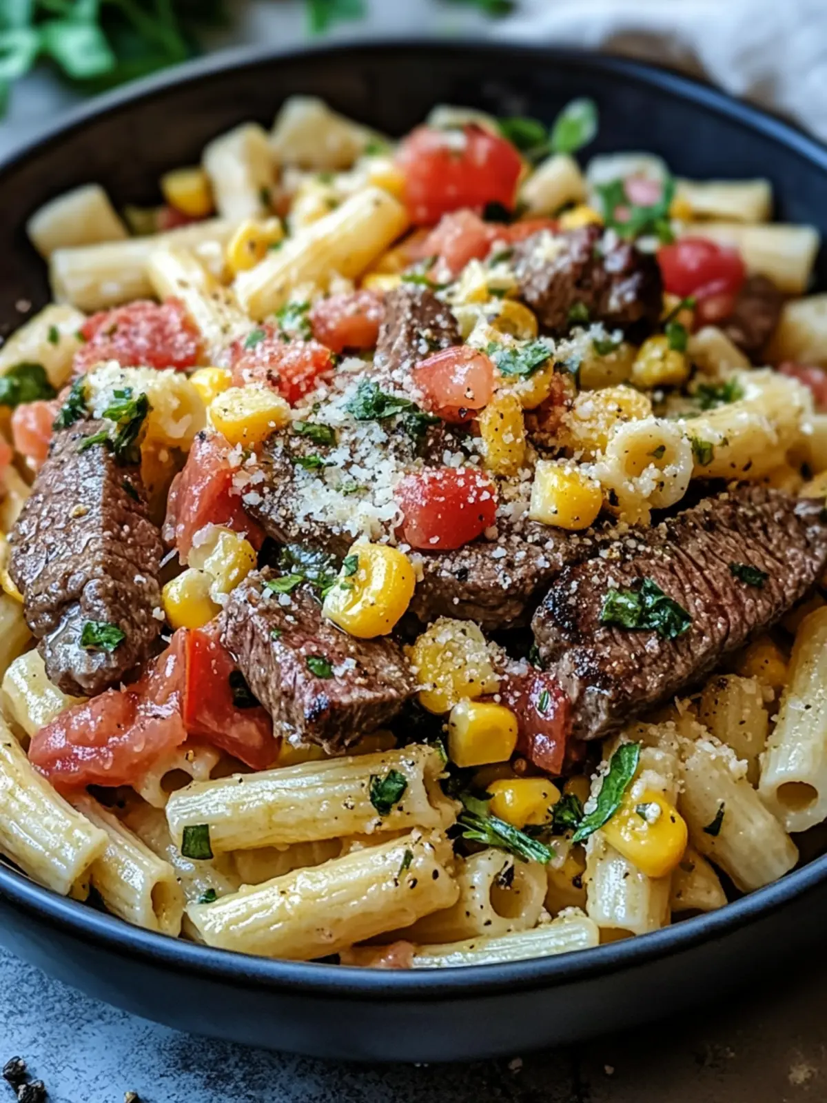Savory Steak & Loaded Street Corn Pasta in 30 Minutes! 4 Steak & Loaded Street Corn Pasta