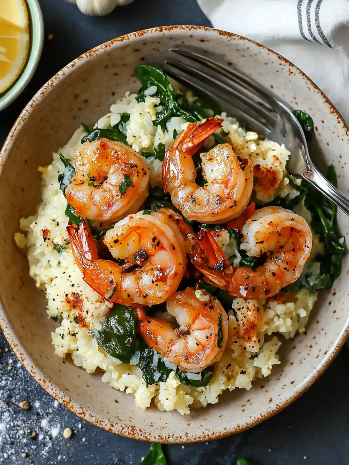Spicy Shrimp Over Creamy Spinach Cauliflower Rice in 10 Minutes 4 Spicy Shrimp Over Creamy Spinach Cauliflower Rice