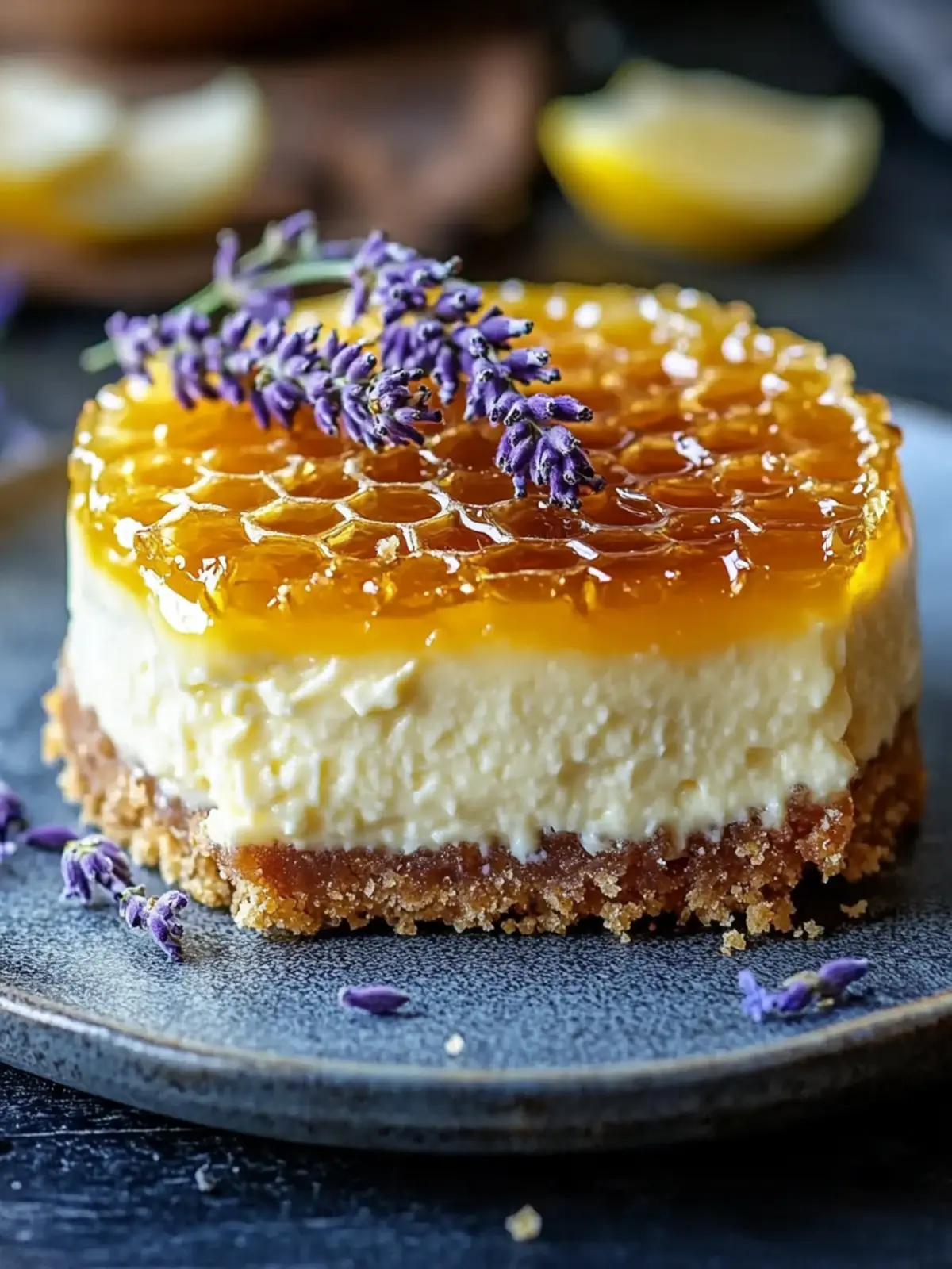 Lemon Lavender Cheesecake Topped with Honeycomb Bliss 2 Lemon Lavender Cheesecake Topped with Honeycomb