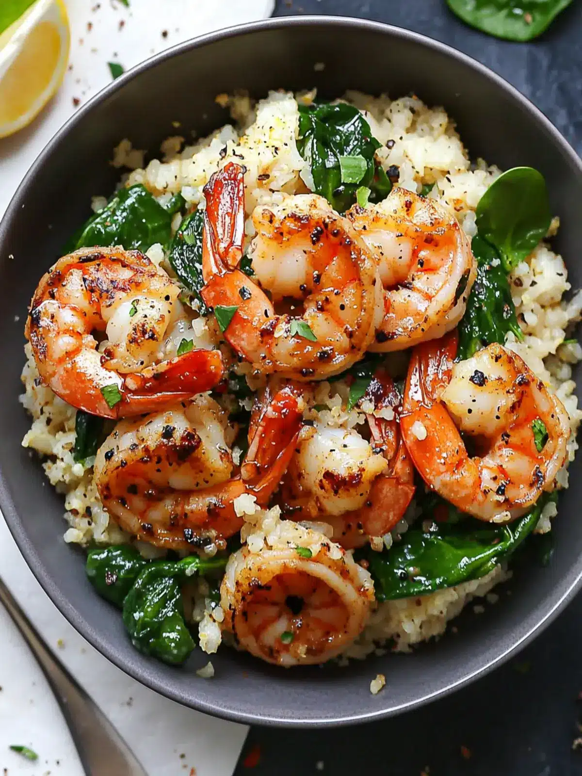 Spicy Shrimp Over Creamy Spinach Cauliflower Rice in 10 Minutes 2 Spicy Shrimp Over Creamy Spinach Cauliflower Rice