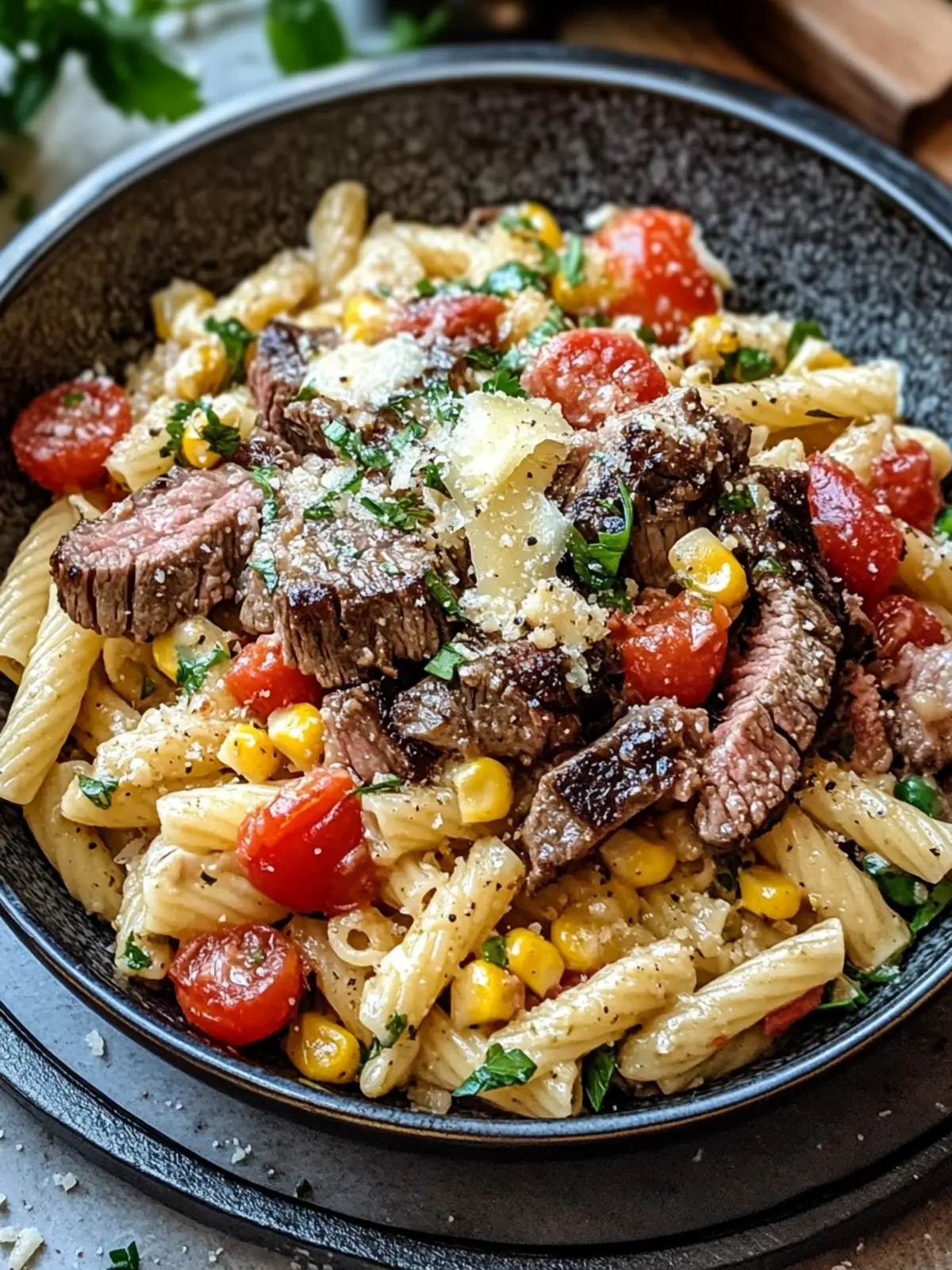 Savory Steak & Loaded Street Corn Pasta in 30 Minutes! 3 Steak & Loaded Street Corn Pasta