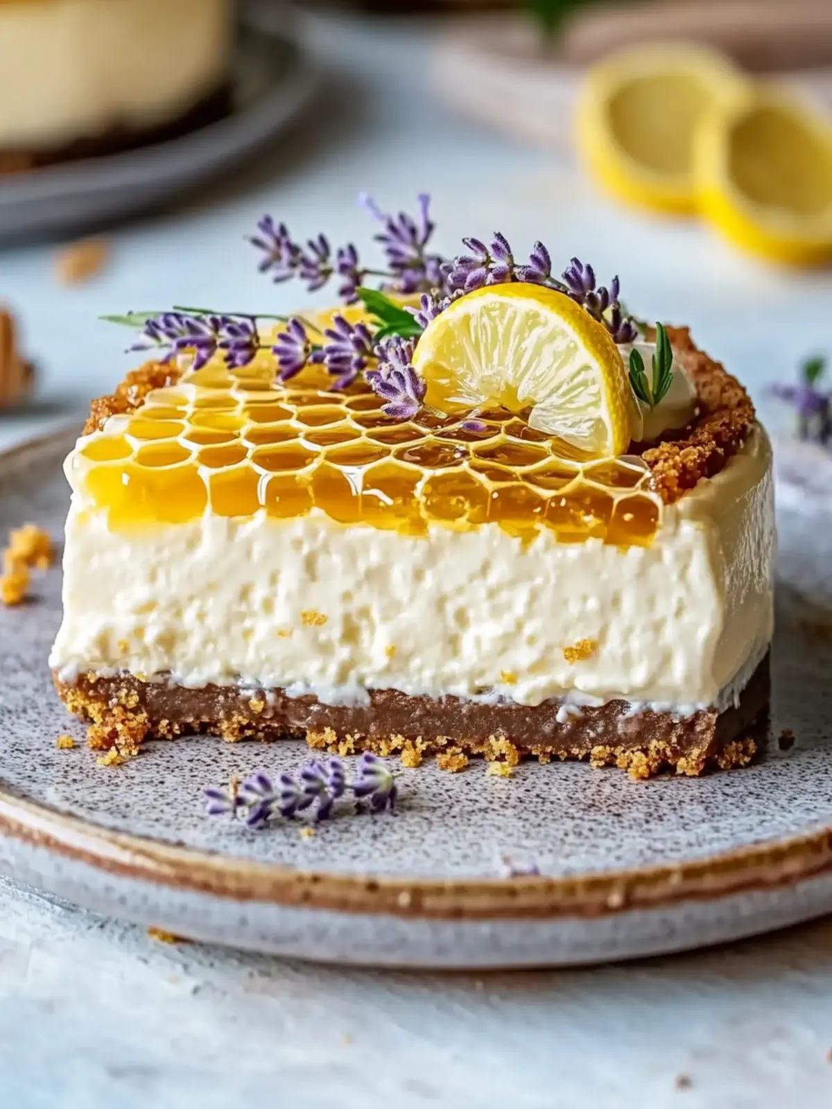 Lemon Lavender Cheesecake Topped with Honeycomb Bliss 5 Lemon Lavender Cheesecake Topped with Honeycomb