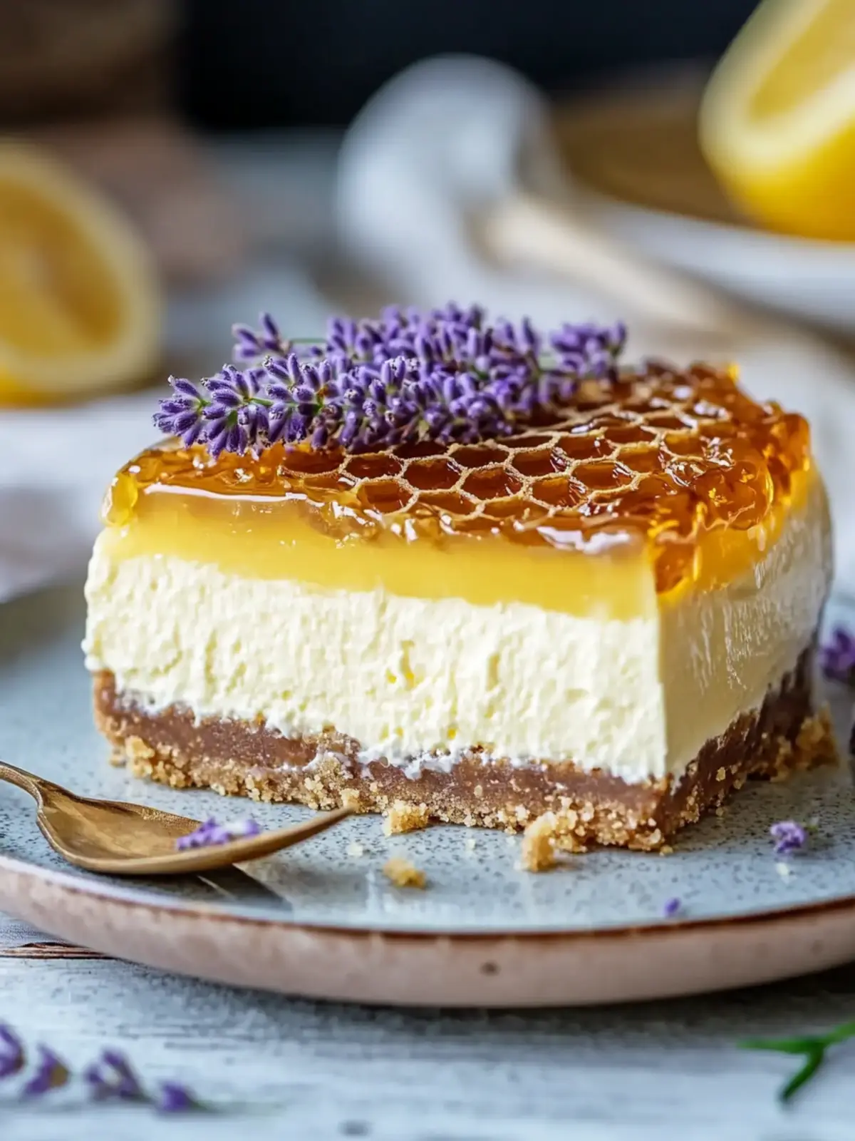 Lemon Lavender Cheesecake Topped with Honeycomb Bliss 3 Lemon Lavender Cheesecake Topped with Honeycomb