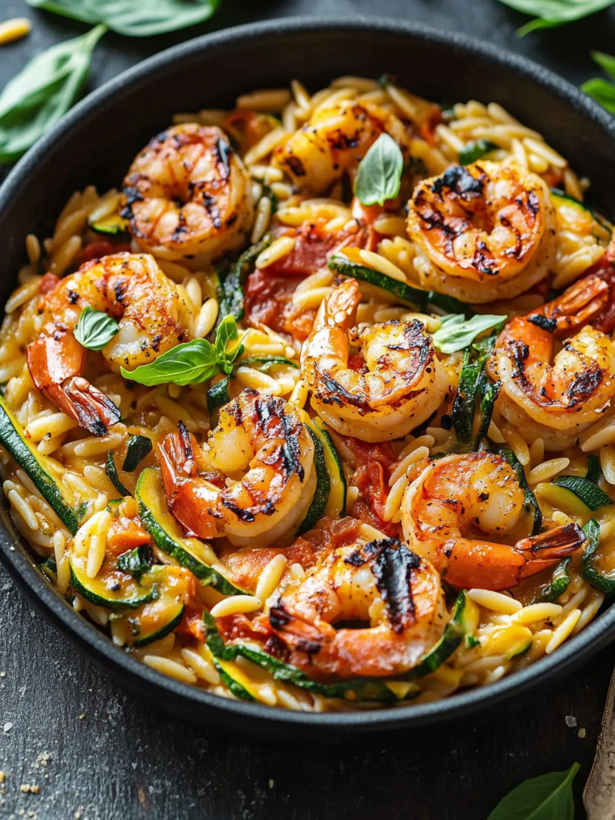 Grilled Shrimp Orzo with Tomato Basil Sauce and Zucchini Delight 4 Orzo with Tomato Basil Sauce, Zucchini, and Grilled Shrimp