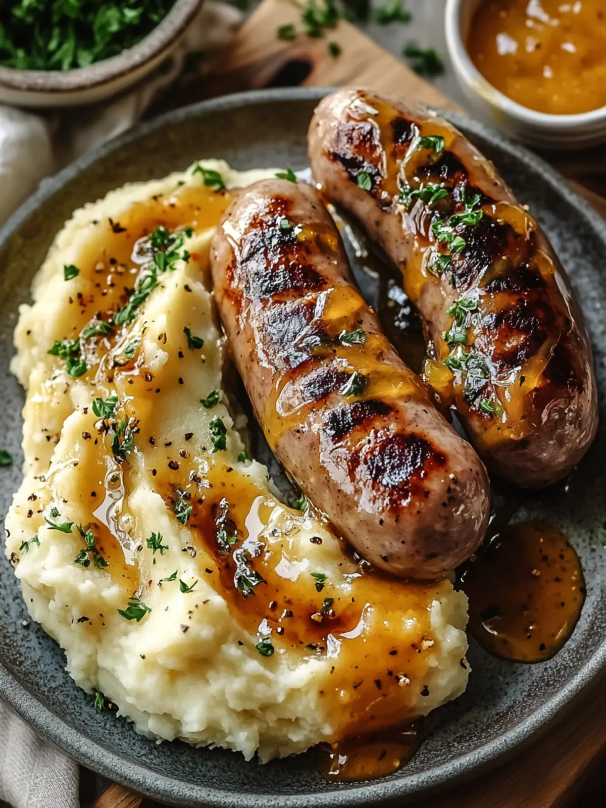 Hasselback Brats with Honey Mustard & Creamy Mashed Potatoes 4 Hasselback Brats with Honey Mustard & Two Mashed Potatoes