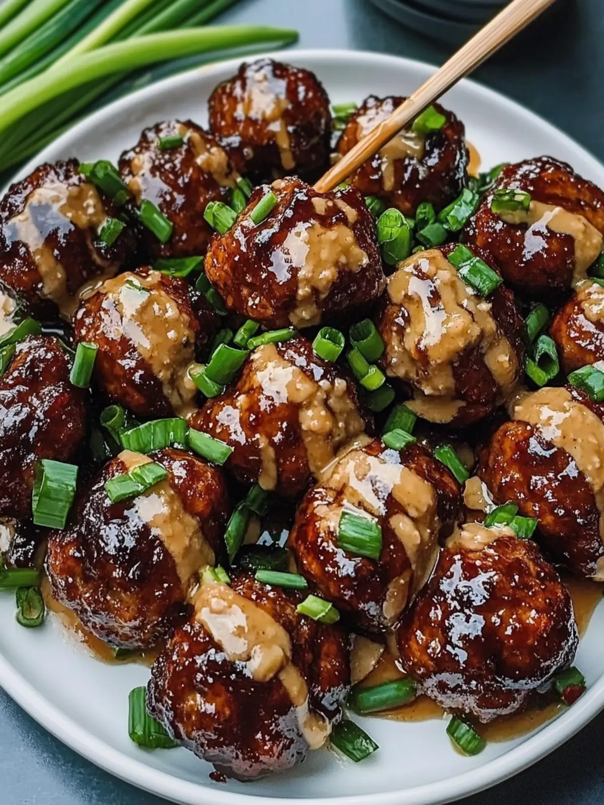 Savory Sticky Hoisin Meatballs with Zesty Scallion Sauce 3 Sticky Hoisin Meatballs with Scallion Sauce