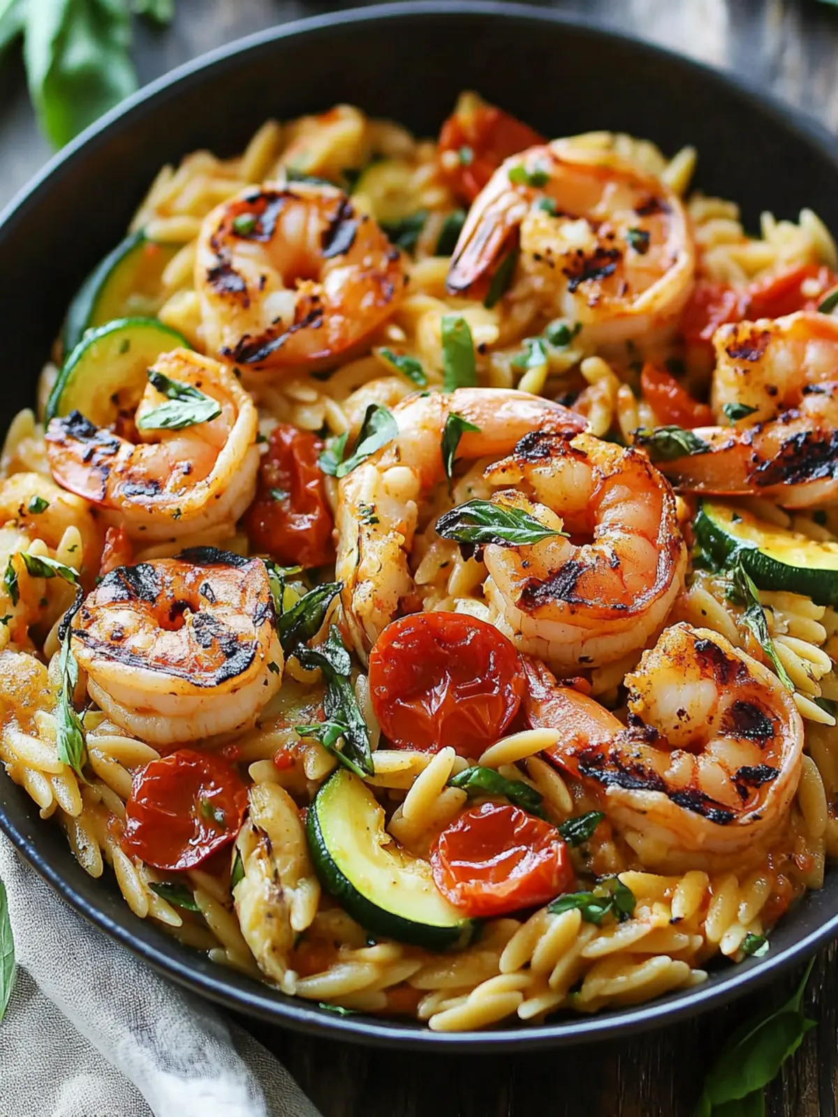 Grilled Shrimp Orzo with Tomato Basil Sauce and Zucchini Delight 3 Orzo with Tomato Basil Sauce, Zucchini, and Grilled Shrimp