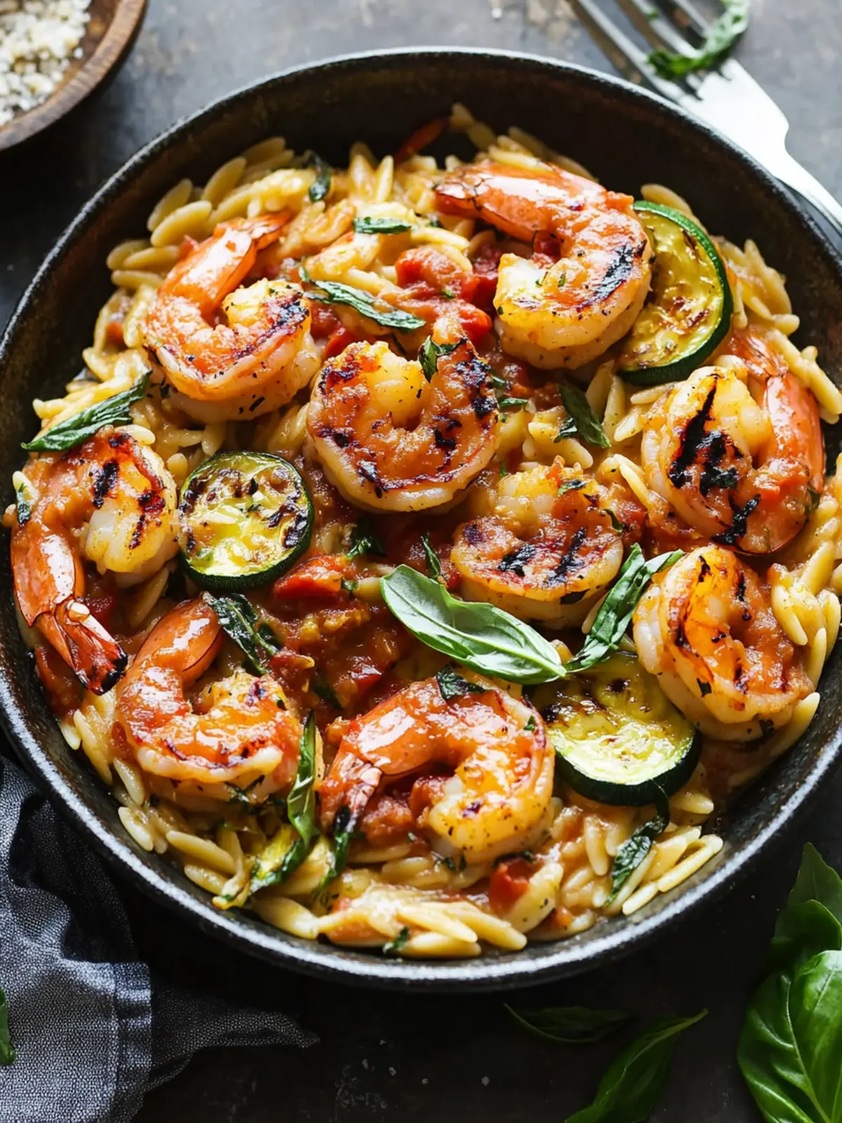 Grilled Shrimp Orzo with Tomato Basil Sauce and Zucchini Delight 2 Orzo with Tomato Basil Sauce, Zucchini, and Grilled Shrimp
