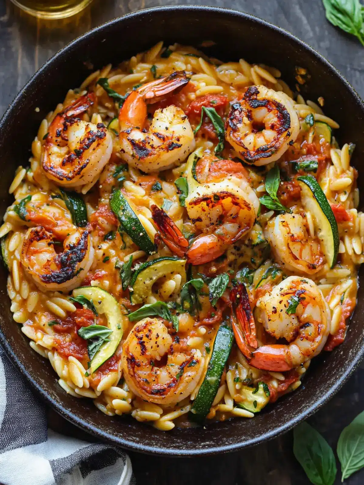 Grilled Shrimp Orzo with Tomato Basil Sauce and Zucchini Delight 5 Orzo with Tomato Basil Sauce, Zucchini, and Grilled Shrimp